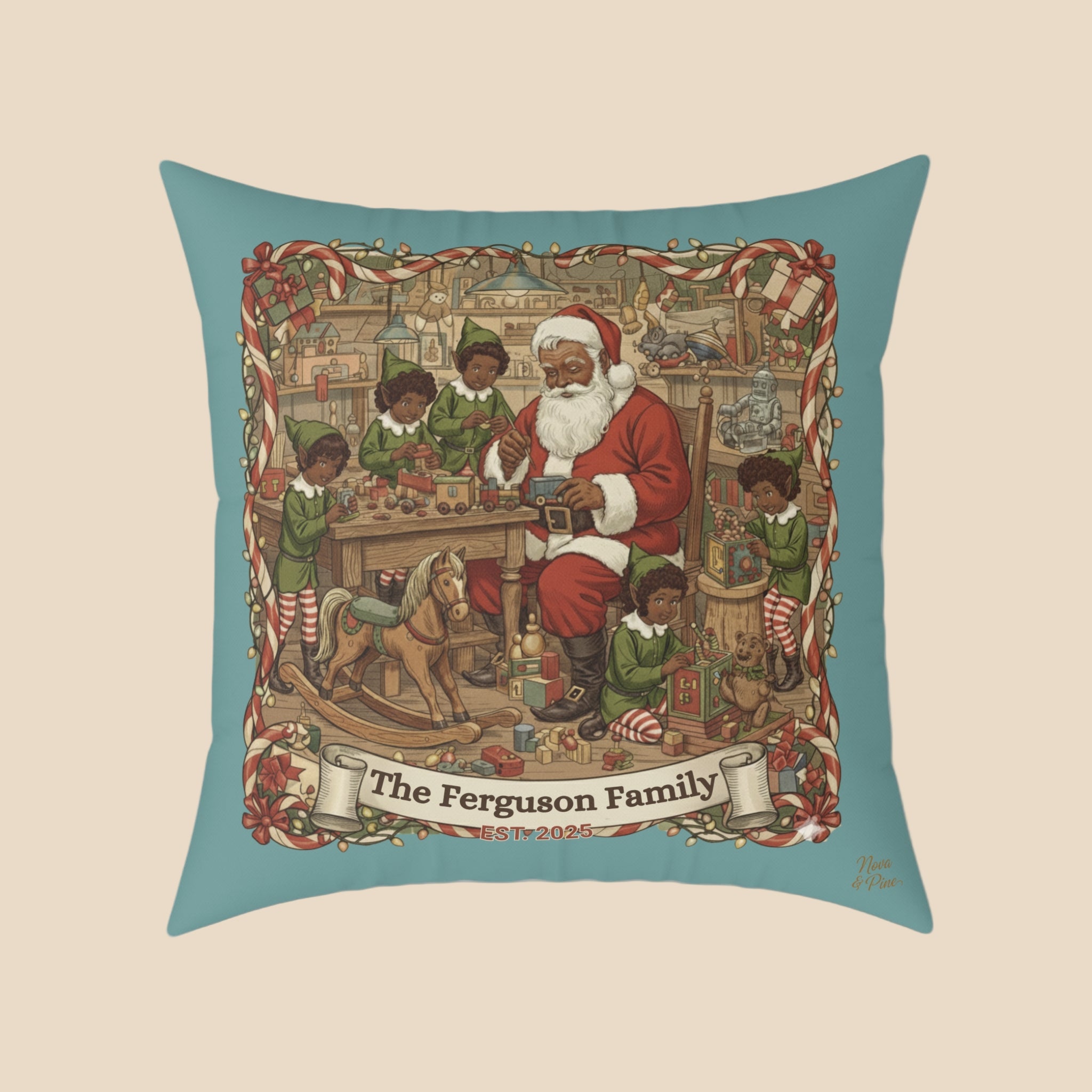 Personalized Vintage Santa Workshop Pillow