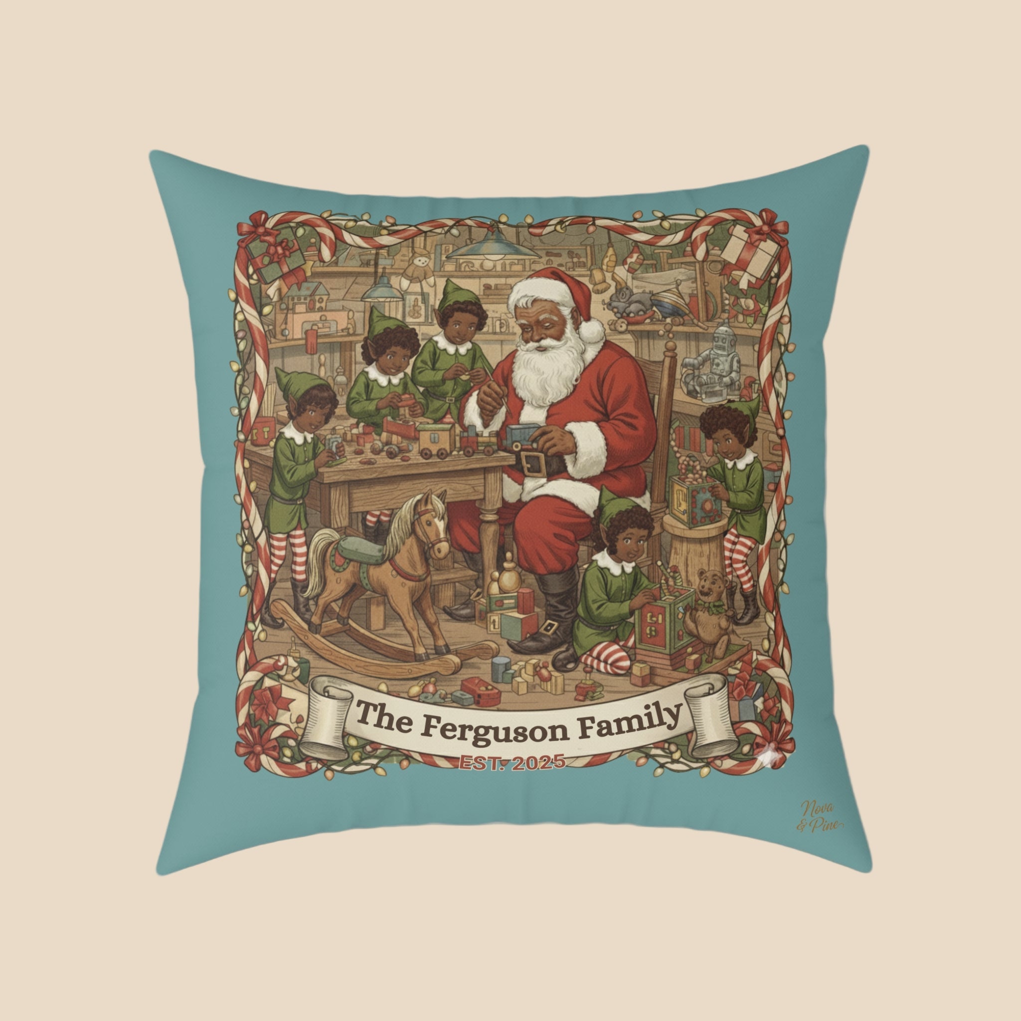 Personalized Vintage Santa Workshop Pillow