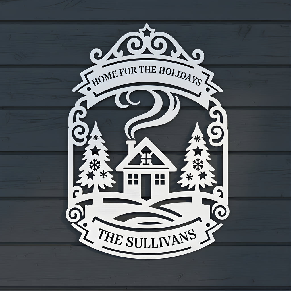Decorative metal sign with a house and trees design on a wooden background