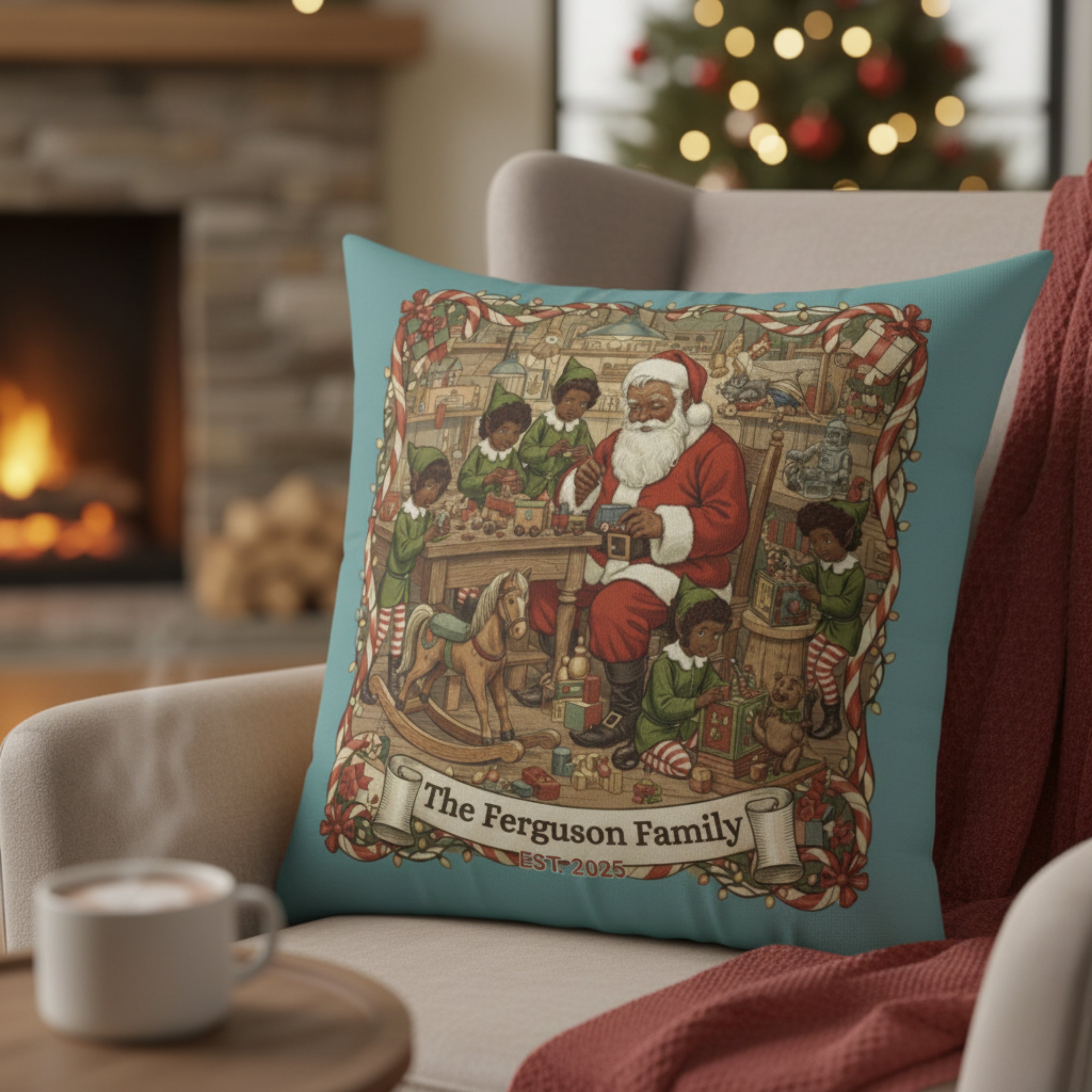 Personalized Vintage Santa Workshop Pillow
