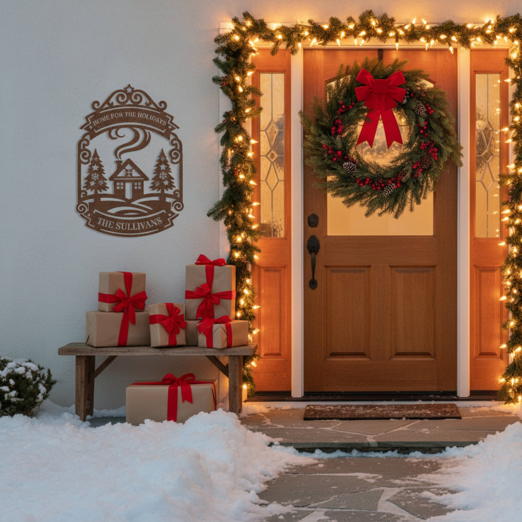 Personalized Home For The Holidays Metal Sign