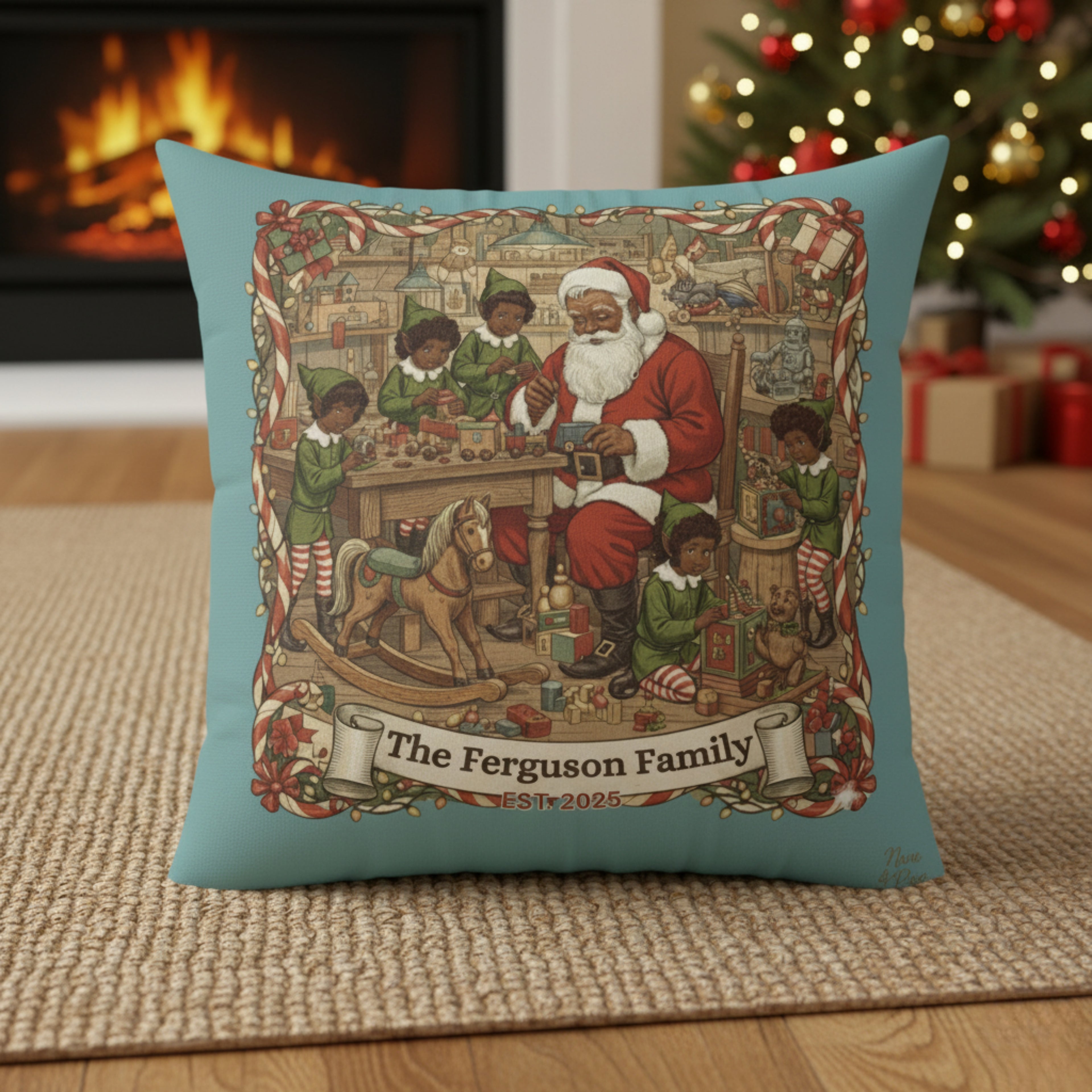 Personalized Vintage Santa Workshop Pillow