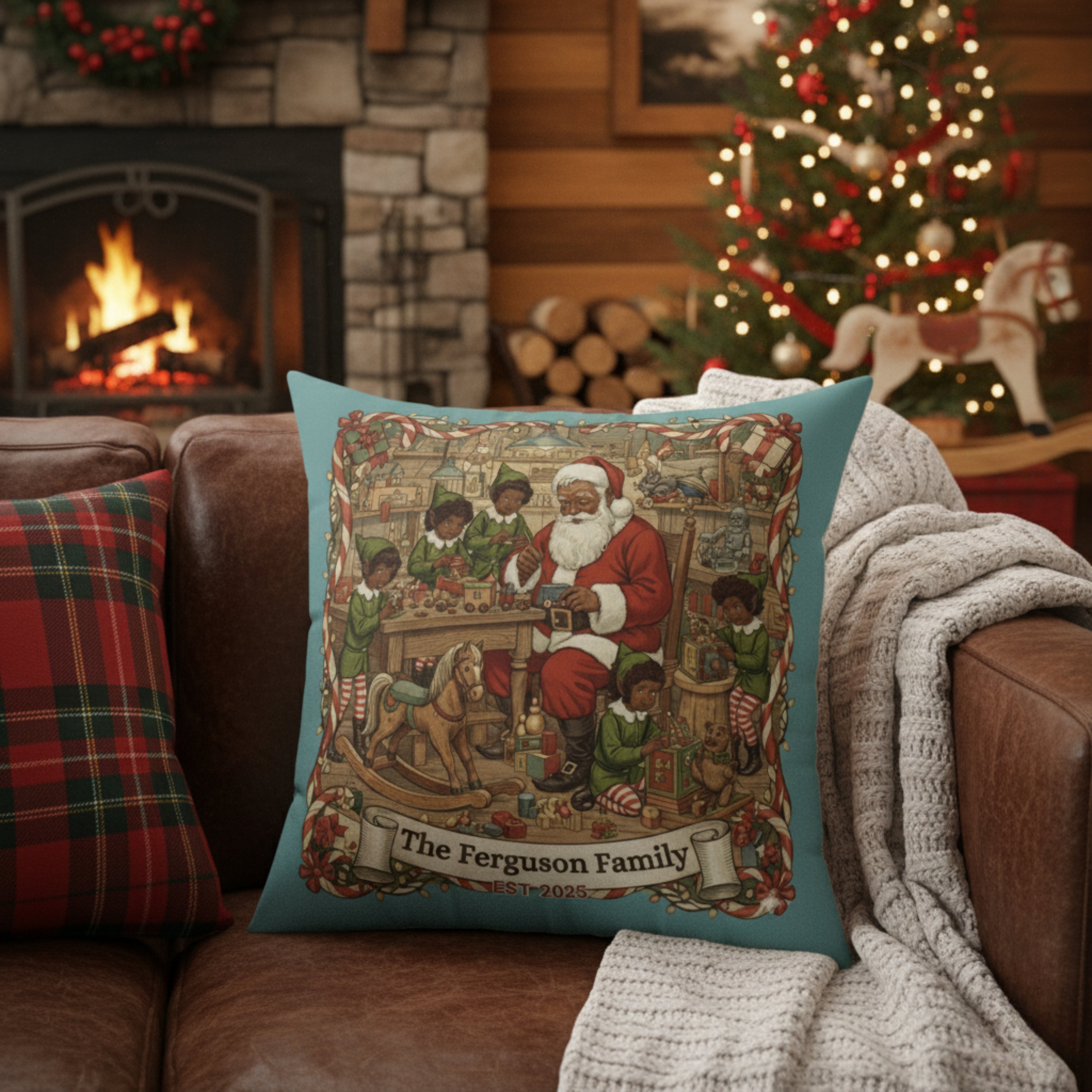Personalized Vintage Santa Workshop Pillow